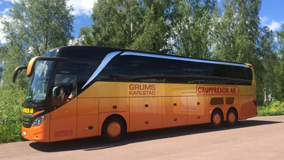 Vår buss - Gruppesor AB Orange buss med Gruppresor logotyp tillhörande Gruppresor i Värmland AB